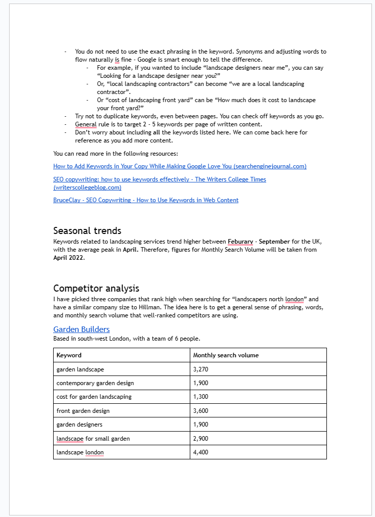 Screenshots from the Keyword Research document with instructions on how to incorporate keywords into the written content