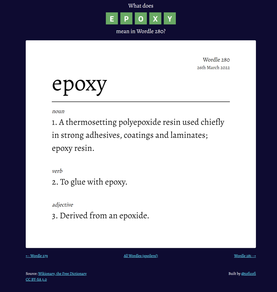 A screenshot of WhatsThatWordle, demonstrating the definition for "Epoxy".